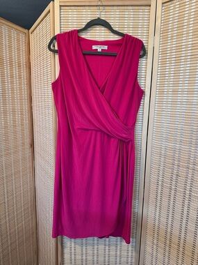Evan Picone Sleeveless Faux-Wrap Midi Dress in Fuchsia